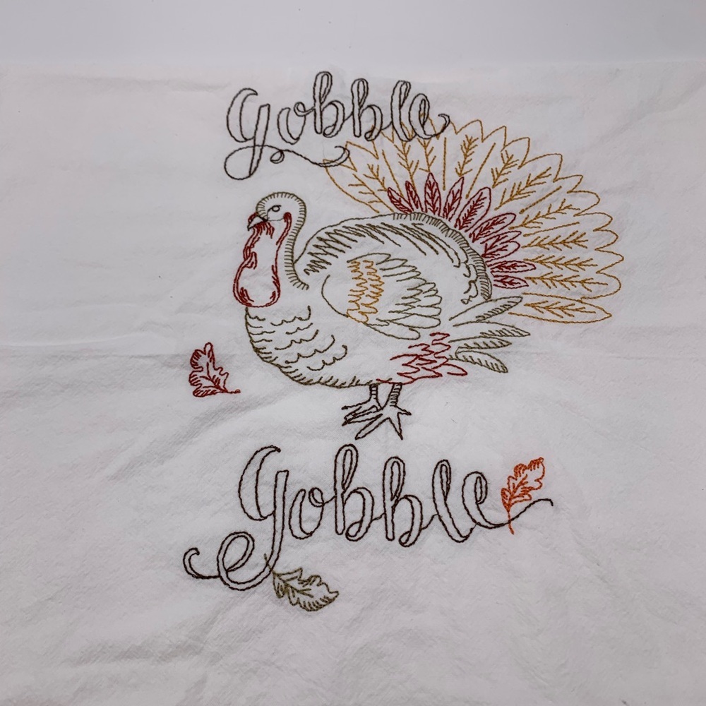 Kay Designs Thanksgiving Turkey “Gobble” Embroidered Vtg. Hanging Dish Towel 25”